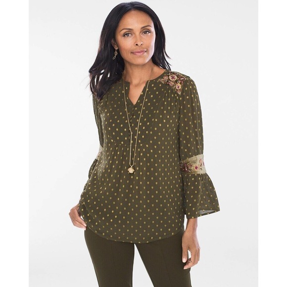 Chico's Tops - Chico's Dot Jacquard Peasant Top Green Gold Metallic Floral Size 2 12 H14724